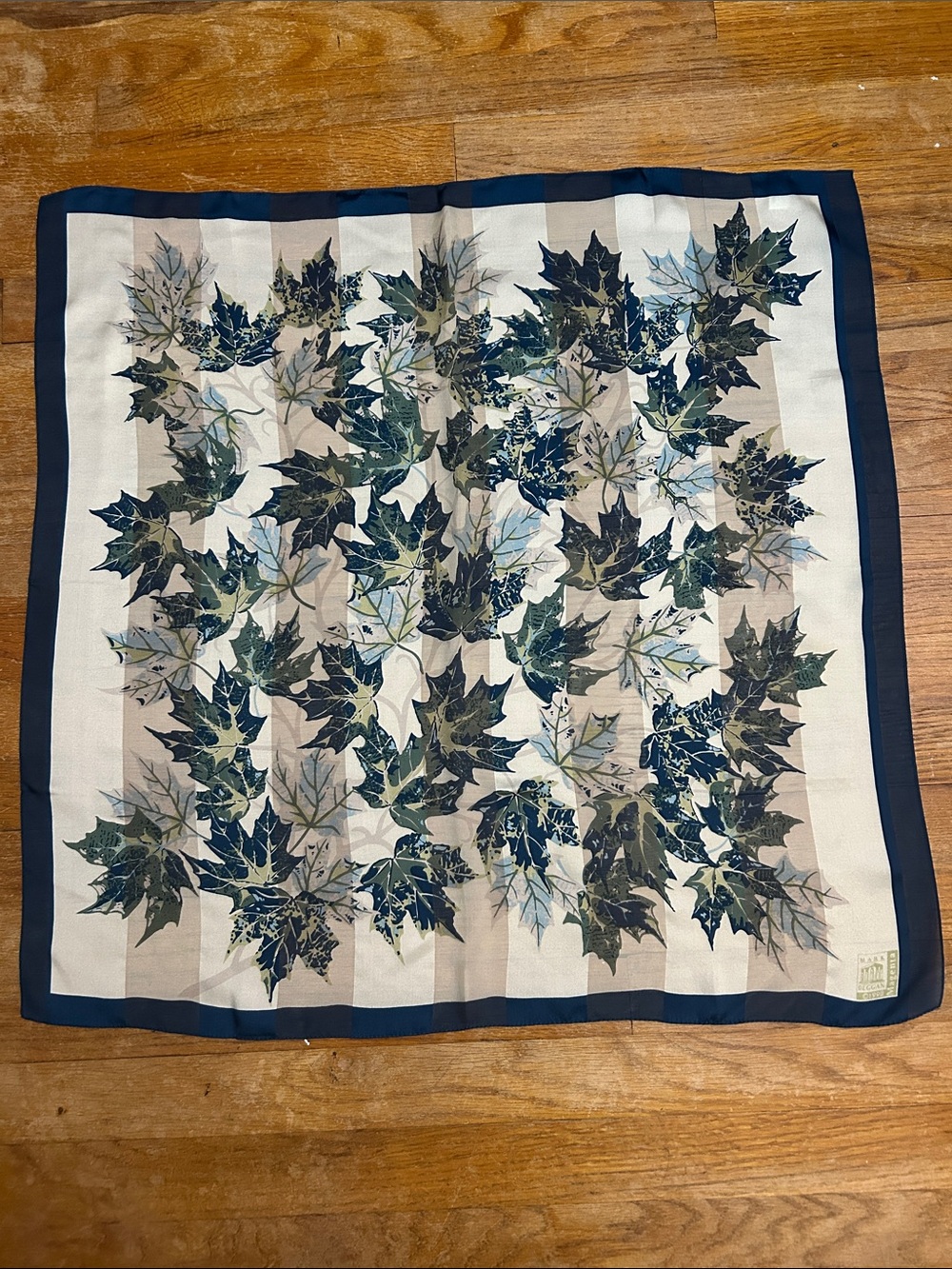 Vintage Mark Deggan 100% Silk Scarf Teal & Sage Maple Leaf Print, 27x27" Square